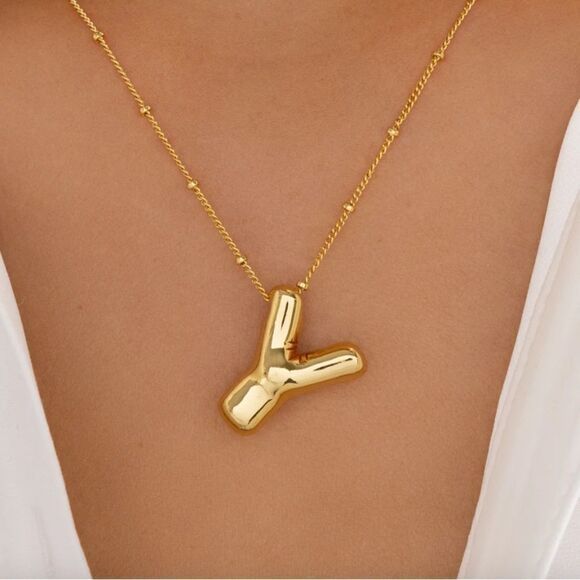 NWOT New Love Style Gold 3D Bubble Puffy Balloon "Y" Initial Letter Necklace - Picture 1 of 4